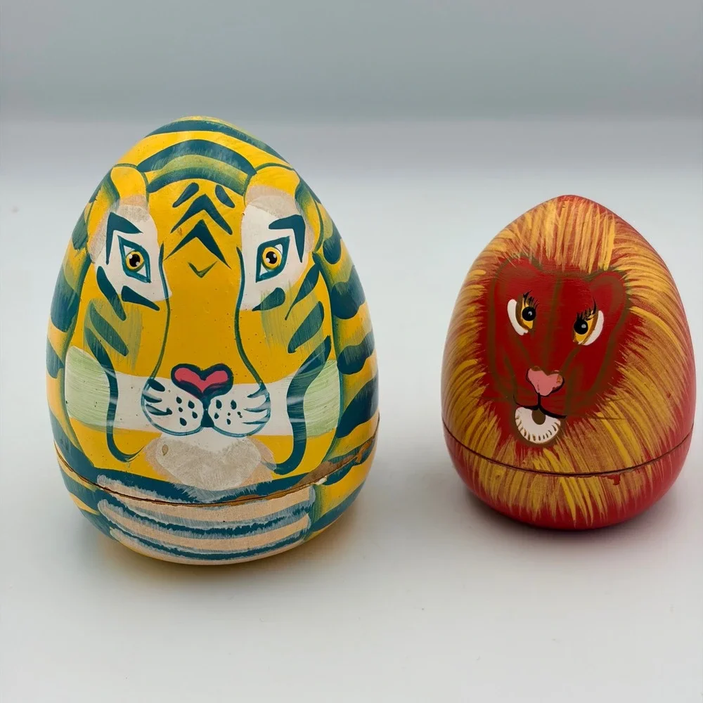 Vintage Hand Painted Wooden Nesting Egg Set Tiger and Lion Safari Folk Art 2pc